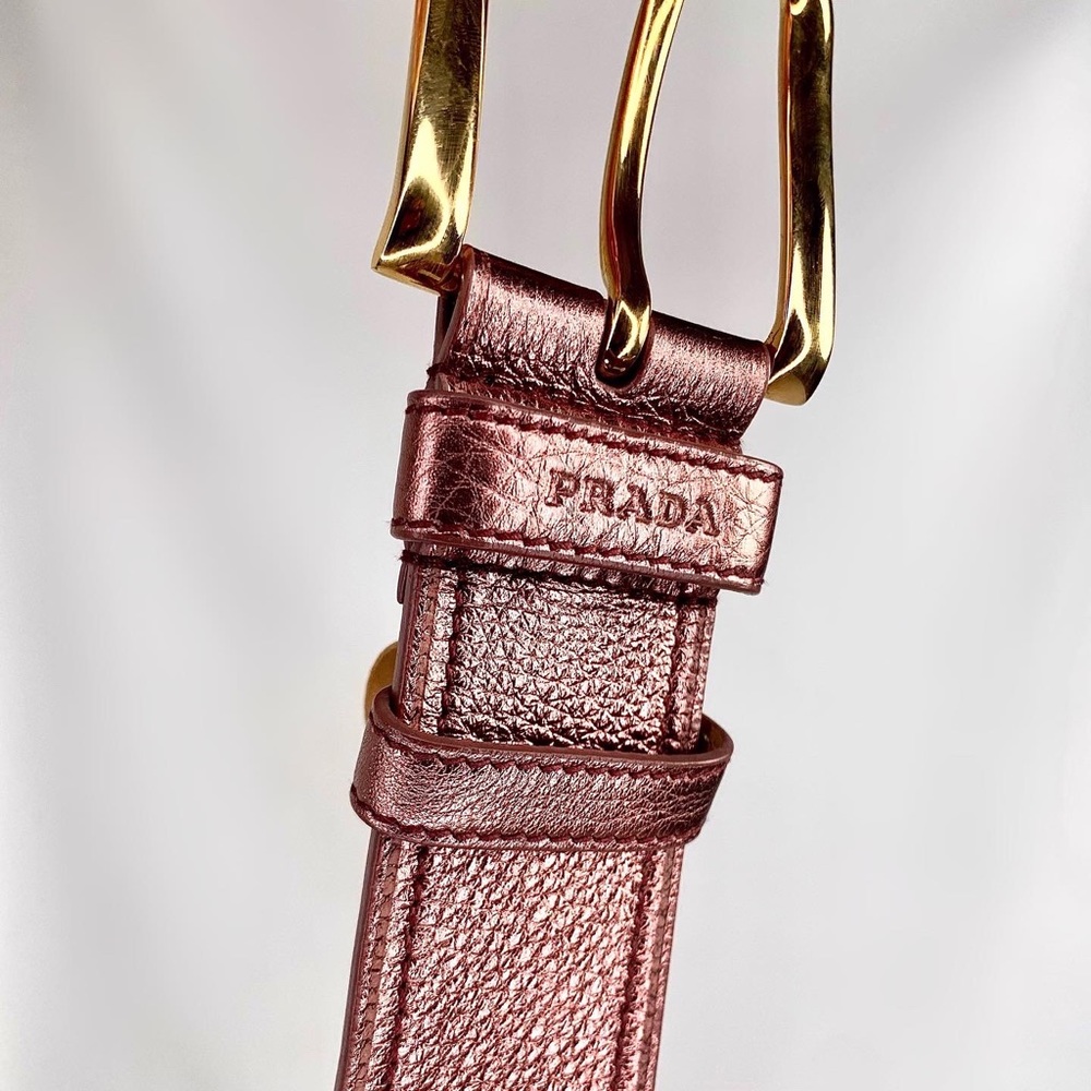 Prada Pink Metallic Leather Belt w/ Gold Buckle